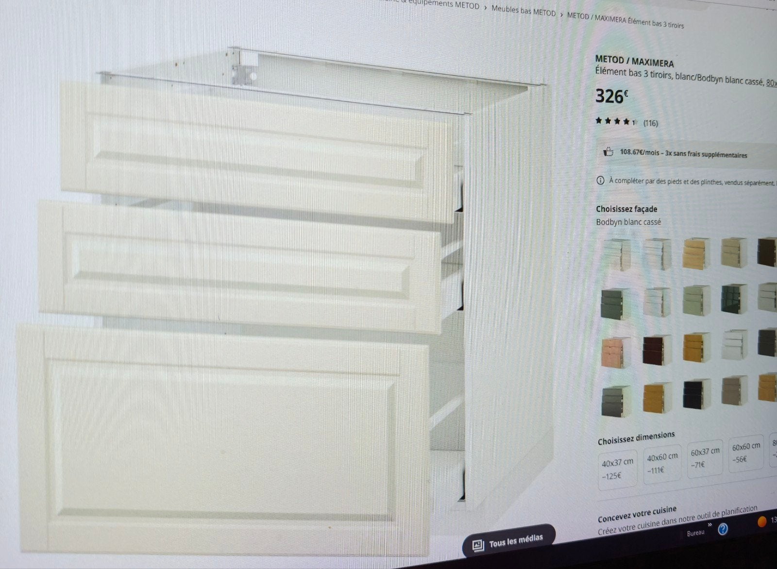3 IKEA BODBYN ladefronten in gebroken wit — breedte 80 cm, Ophalen of Verzenden