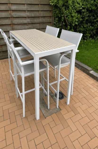 Hoge tuintafel met 4 barstoelen – complete set, Ophalen of Verzenden, Gebruikt, Rechthoekig, Metaal