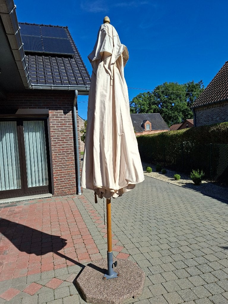 Klassieke houten stokparasol (Ø 3m) + zware voet & hoes, Tuin en Terras, Ophalen, Stokparasol