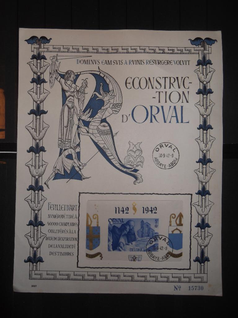 BL19 (567B) Feuillet d’art Reconstruction d’Orval 1942, Timbres & Monnaies, Timbres | Europe | Belgique, Enlèvement ou Envoi, Affranchi