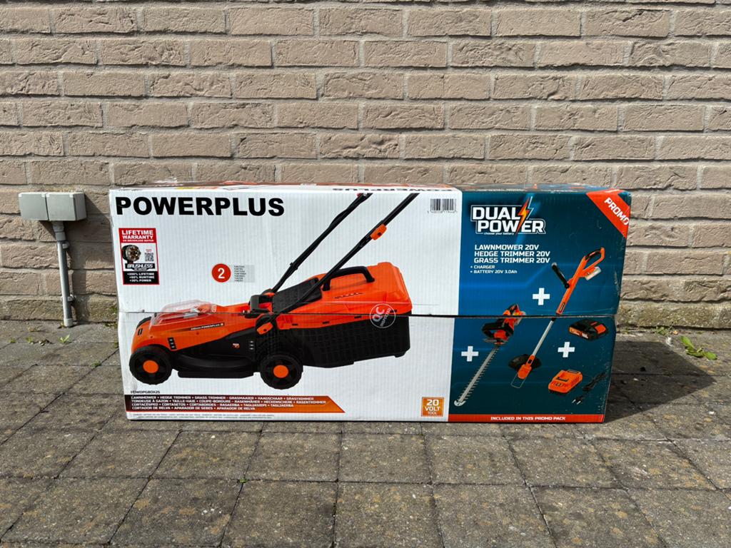 Powerplus Dual Power Promo tuingereedschapset 3 items, Ophalen, Cirkelmaaier, Accu-grasmaaier, Nieuw