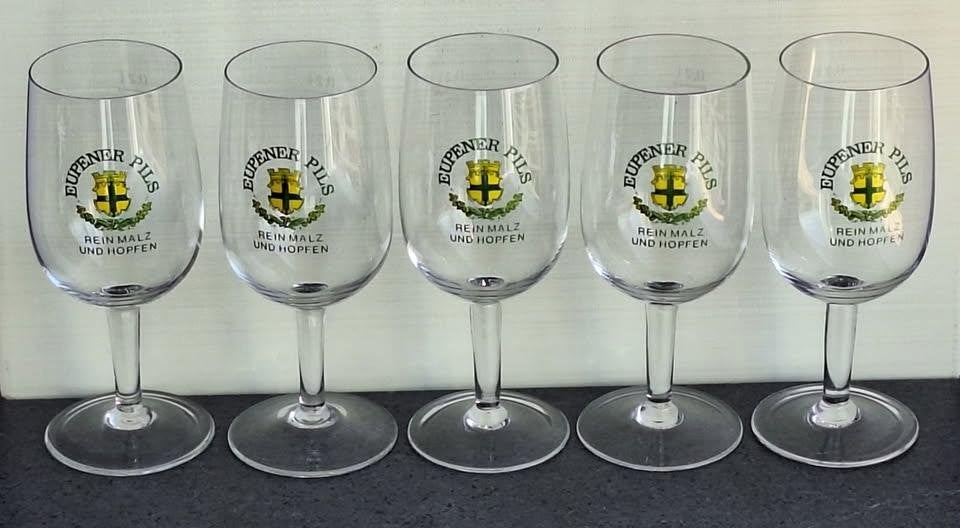 5 beaux anciens verre à bière Eupener Pils brasserie d'Eupen, Collections, Marques de bière, Utilisé, Verre ou Verres, Autres marques