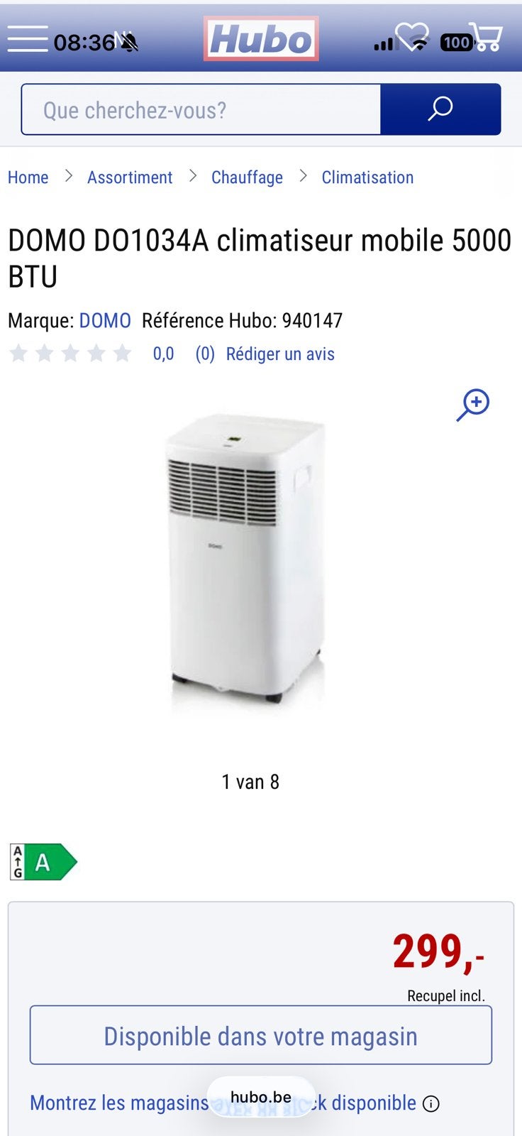 climatiseur mobile DOMO DO1034A avec raccord coudé EROM, Electroménager, Enlèvement, Comme neuf