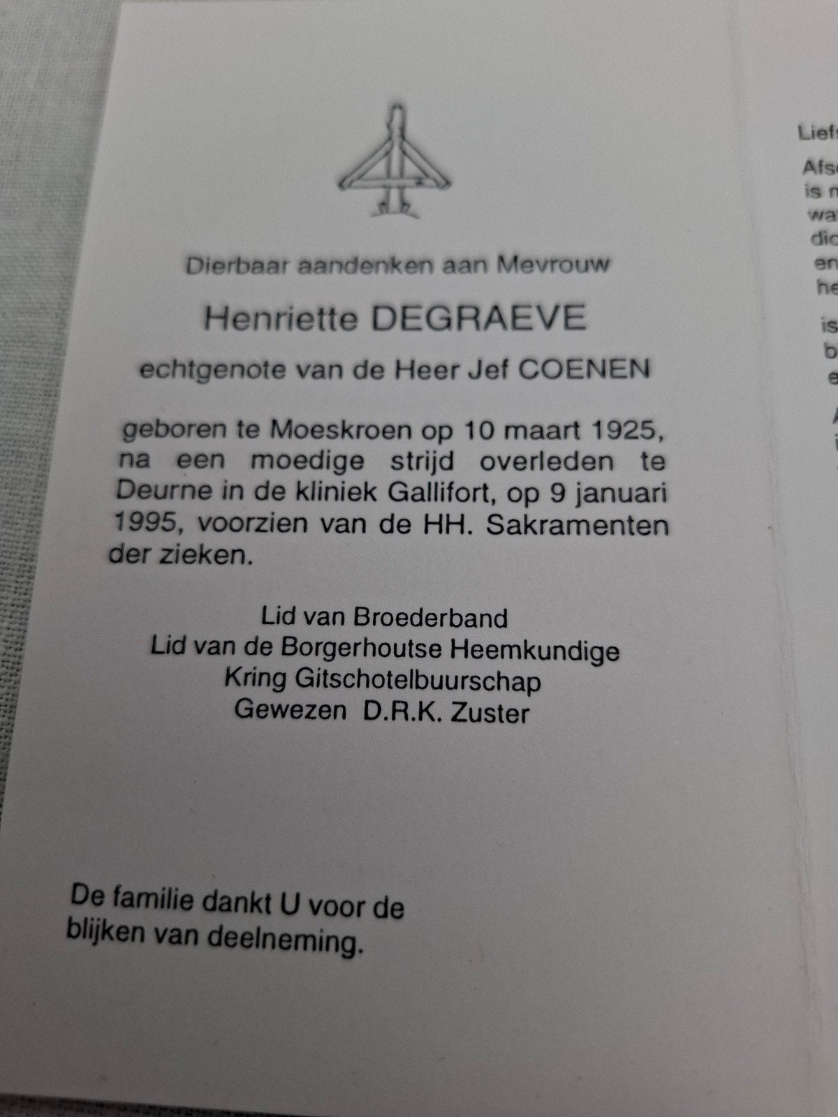 bidprentje berkenkruis lid van broederband, Ophalen of Verzenden, Bidprentje