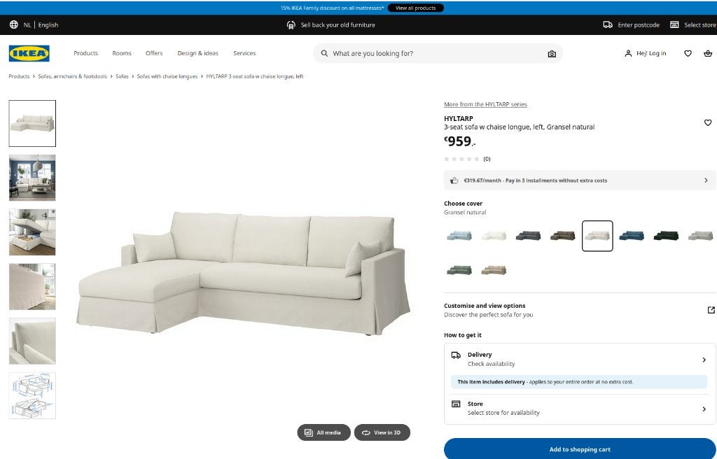 Zetel IKEA HYLTARP 260x92x160, Maison & Meubles, Chaises, Tissus, Comme neuf, Enlèvement, 3-zits zitbank m ch longue, links, Gransel naturel