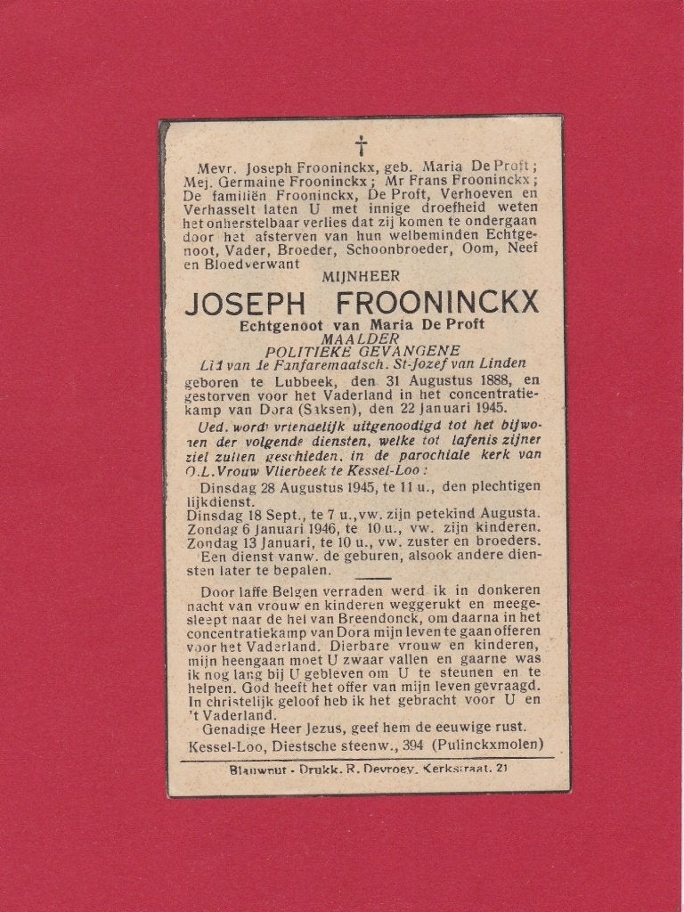 DP Oorlog Joseph Frooninckx, Envoi, Image pieuse