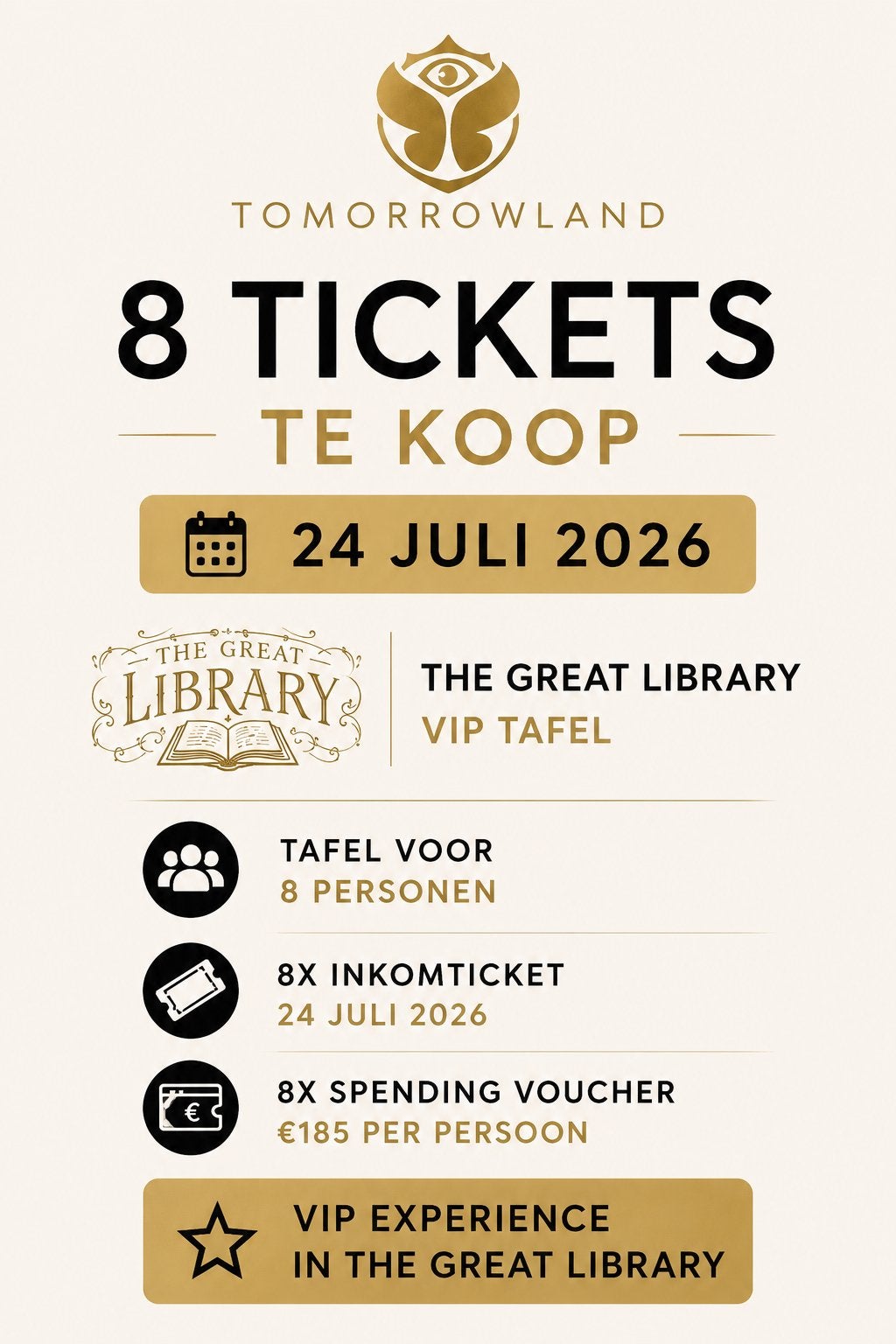 8 x VIP ticket the Great Librabry Tomorrowland 2026 TML, Tickets & Billets