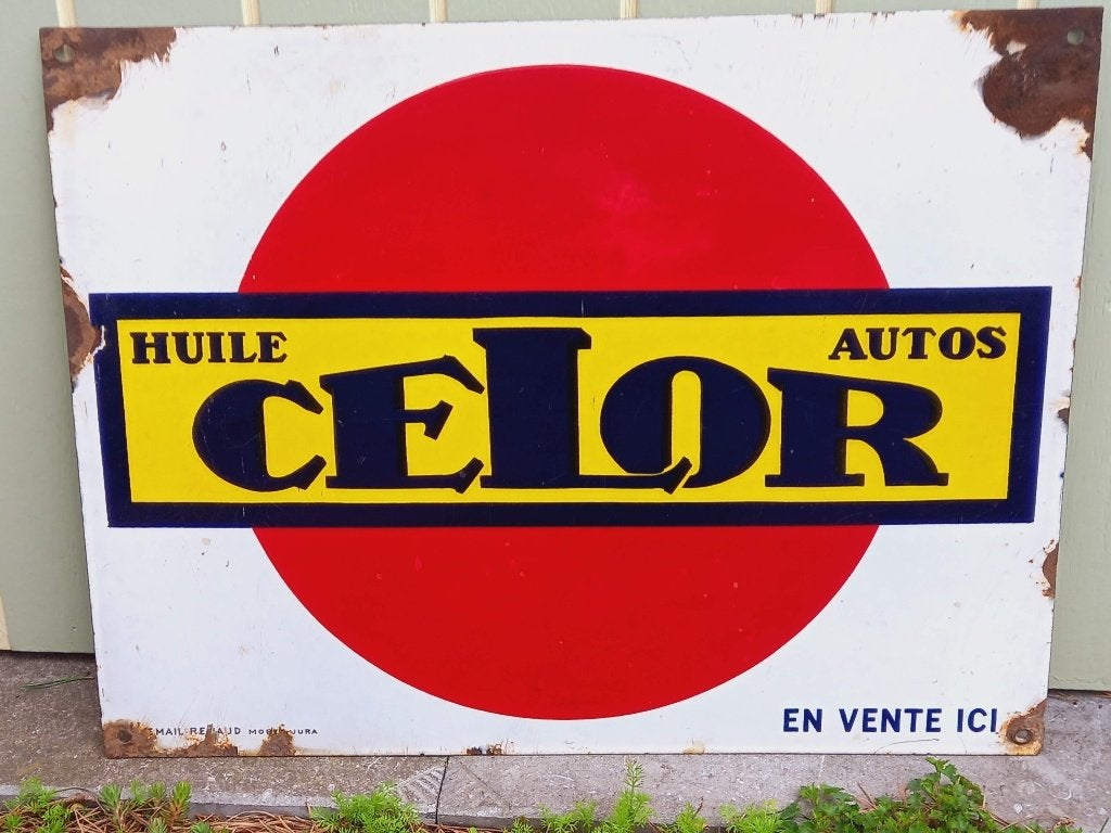Emaille reclamebord HUILES AUTO Celor ca 1950, Verzamelen, Ophalen of Verzenden, Gebruikt, Reclamebord
