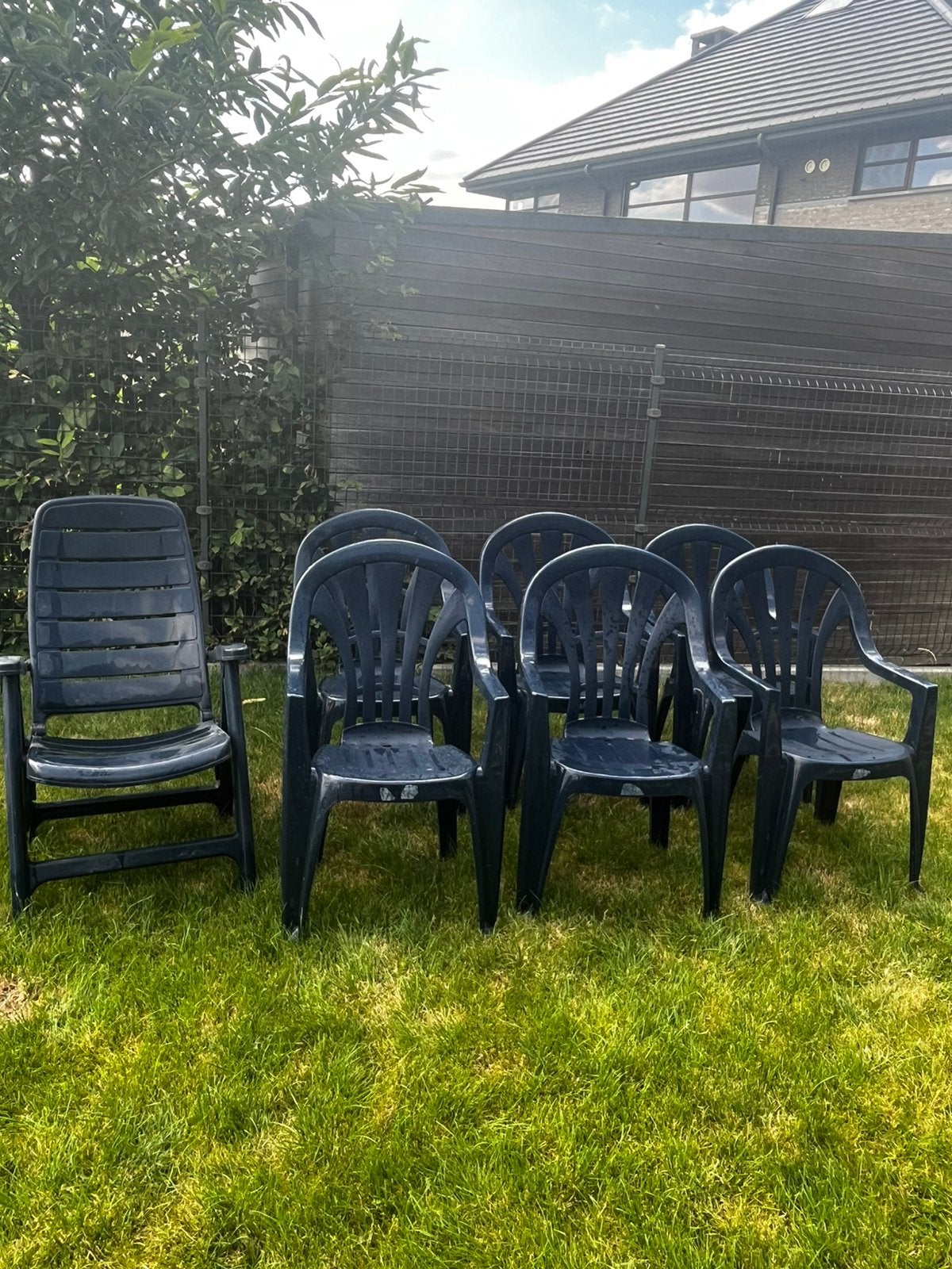 Lot de 6 chaises bleu en plastique de jardin + 1 relax, Tuin en Terras, Tuinstoelen, Ophalen, Gebruikt, Plastic, Stapelbaar