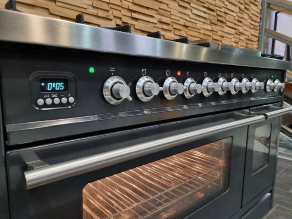 Luxe Boretti Fornuis 120cm antraciet + rvs 7 pits Frytop, Gaz, Classe énergétique A ou plus économe, Comme neuf, Enlèvement