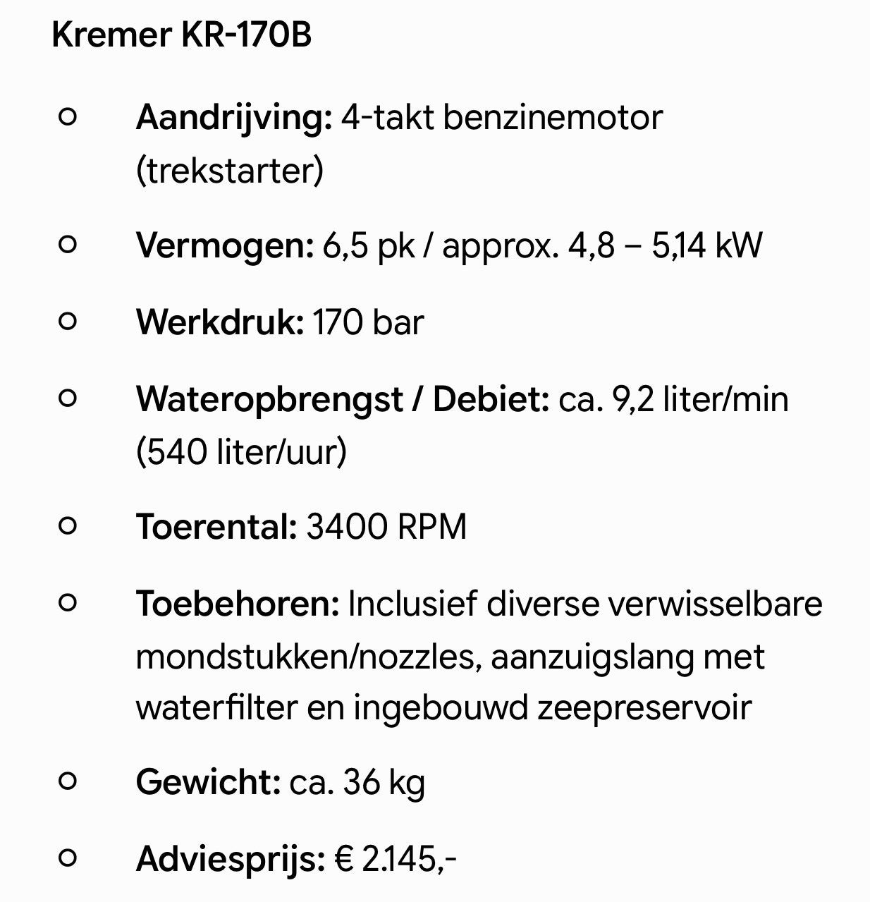 KREMER KR170B, Ophalen of Verzenden, Nieuw, Benzine, Met regelbare waterdruk