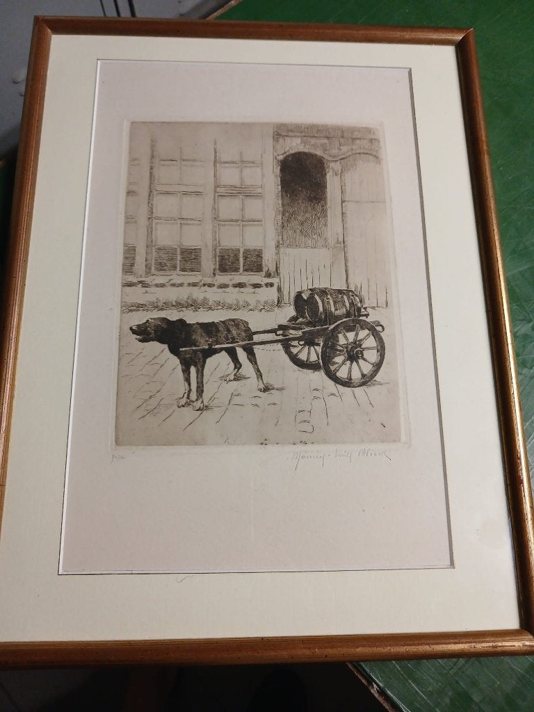 ets gesigneerd Maurice-Emile Blieck , hondenkar, Antiek en Kunst, Kunst | Etsen en Gravures, Ophalen of Verzenden, Ets, Genummerd