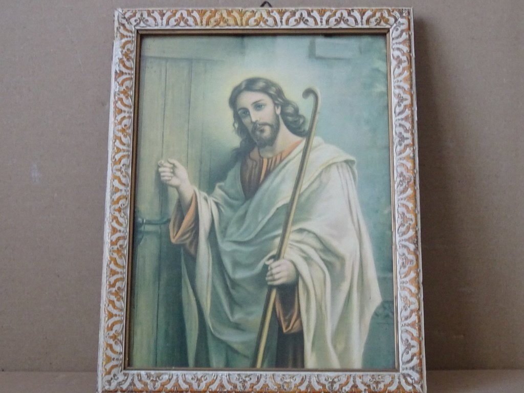 Gravure ancienne Jésus Christ frappant à la porte 21x27cm, Enlèvement ou Envoi, Utilisé, Autres types, Christianisme | Catholique