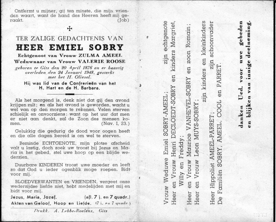 Bidprentje Emiel Sobry, Enlèvement, Image pieuse