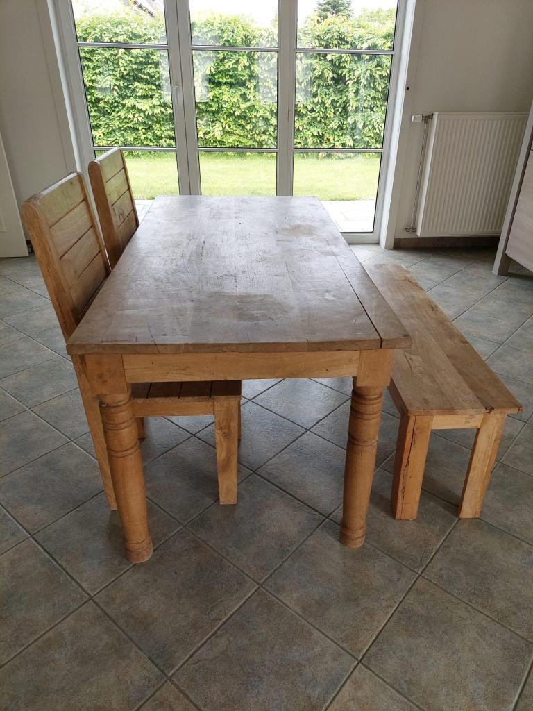 Houten eettafel met stoelen/ bank, Ophalen, Gebruikt, 50 tot 100 cm, Vijf personen of meer