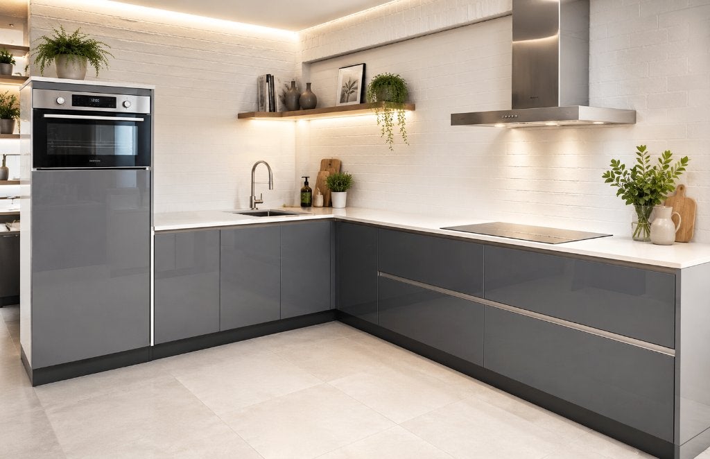 Duurzame L keuken met natuursteen werkblad. Compleet 290x318, Enlèvement, Utilisé, Gris, Granit ou Pierre