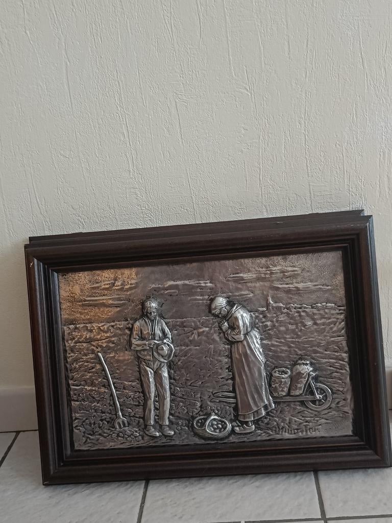 Set van 2 tinnen schilderijen in houten kader., Antiek en Kunst, Ophalen