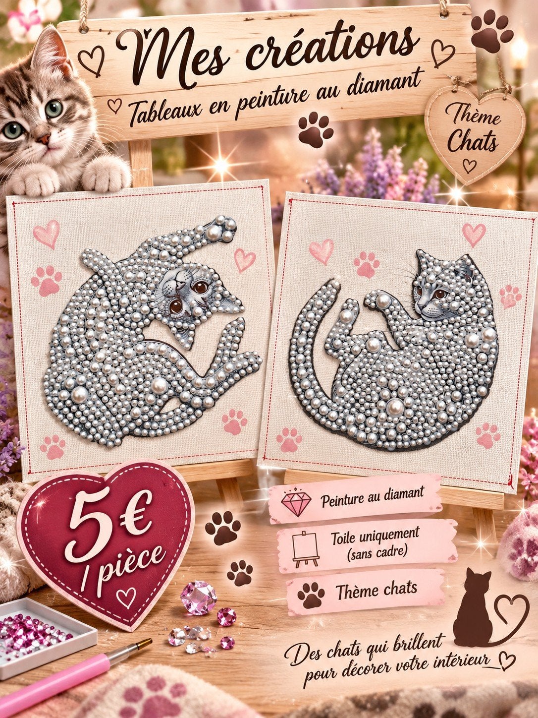 Set van 2 kattendoeken met diamantverf zonder lijst, Hobby en Vrije tijd, Ophalen of Verzenden, Zo goed als nieuw, Overige typen