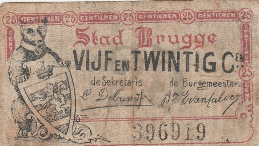 TICKET DE CAISSE DE VINGT ET CINQ CENTS  LA VILLE DE BRUGES, Enlèvement ou Envoi, Belgique, Billets en vrac