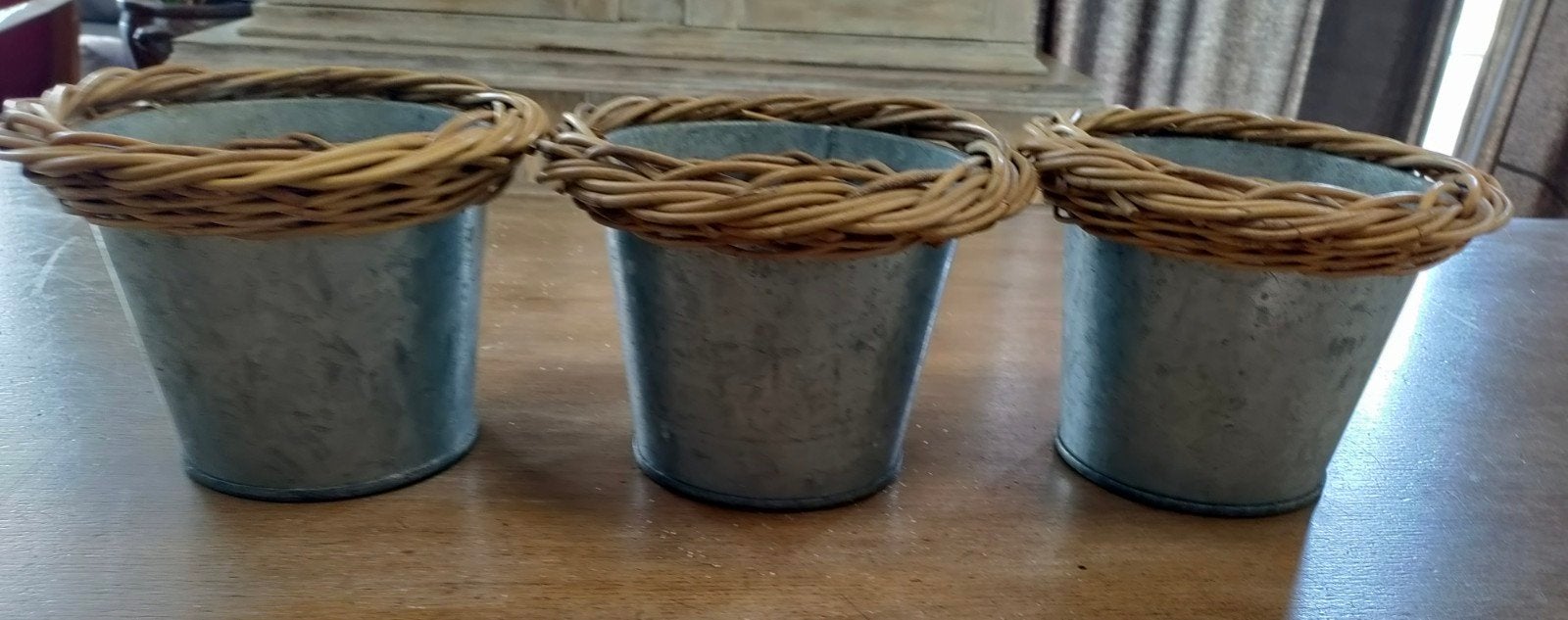 zinken bloemen potten met rieten kraag, Tuin en Terras, Ophalen