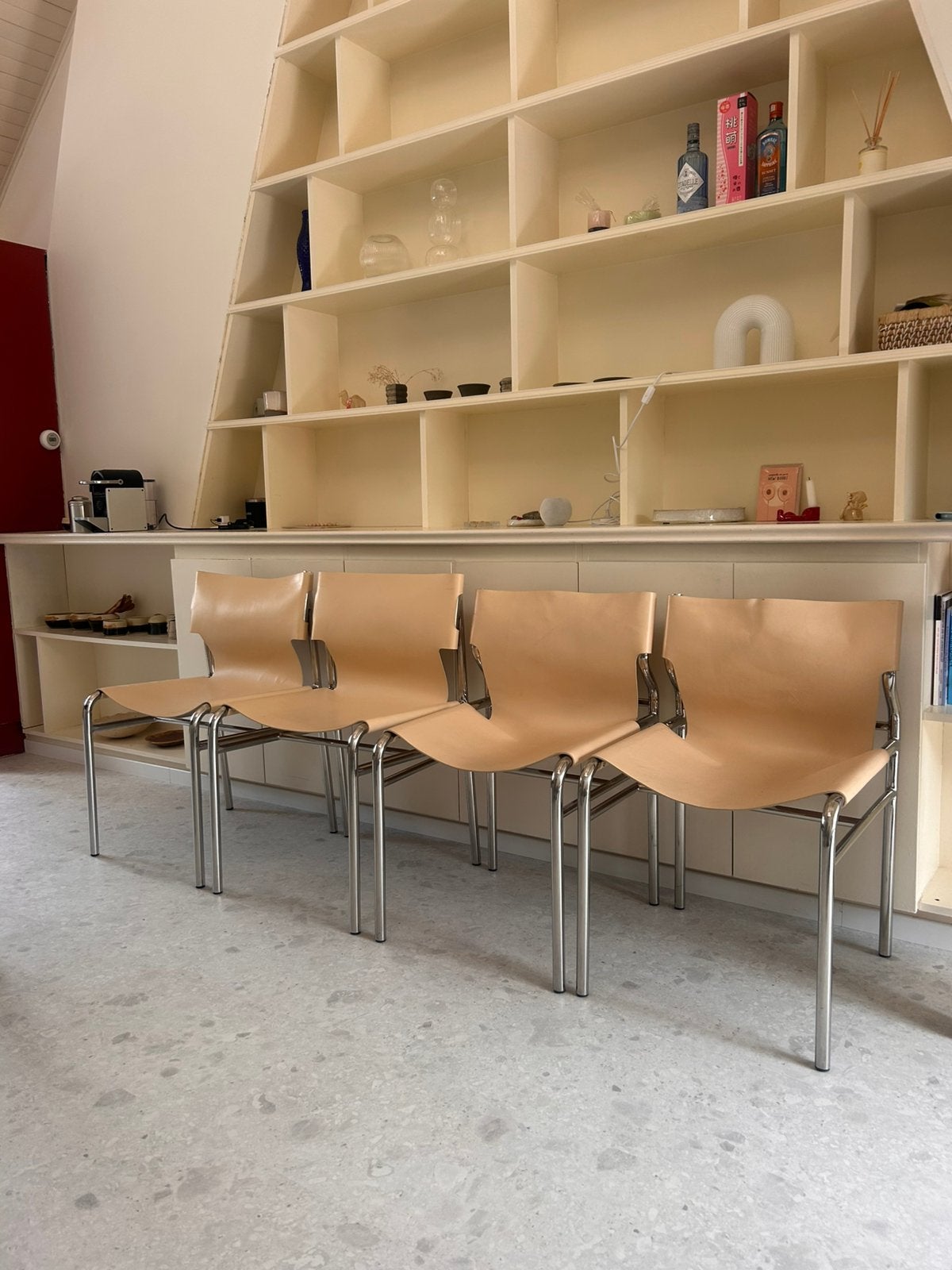 Leren stoelen in chroom, Maison & Meubles, Chaises, Comme neuf, Cuir, Enlèvement