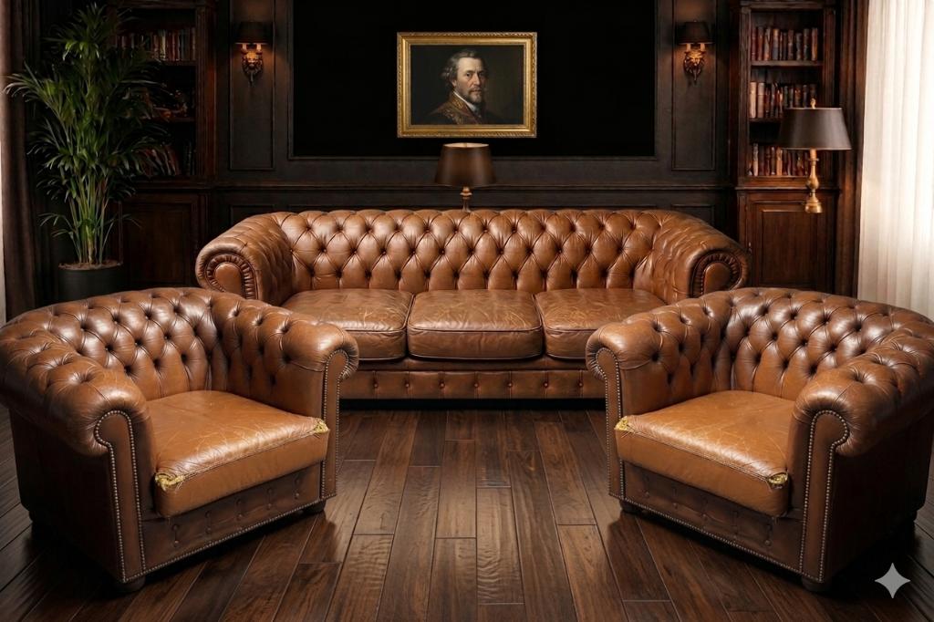 Salon Complet Style Chesterfield – Cuir Véritable, Maison & Meubles, Enlèvement, Utilisé, Cuir