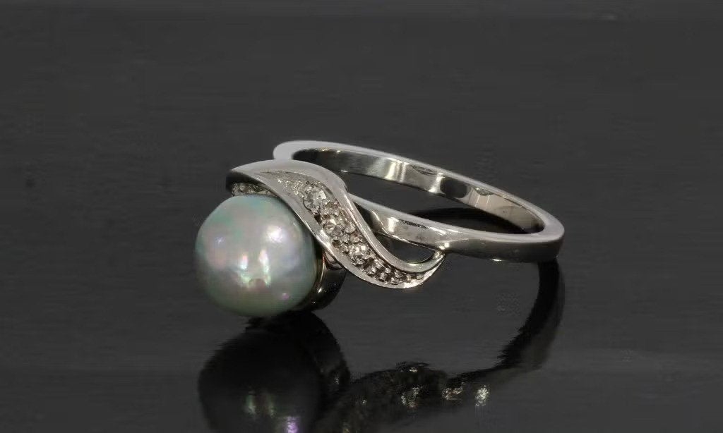 Diamanten 18k gouden fraaie ring grijze parel dames luxe, Ophalen of Verzenden, Zo goed als nieuw, Dame of Heer, Met edelsteen