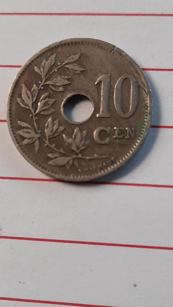 Pièce belge de 10 centimes de 1929 avec trou, Enlèvement ou Envoi, Bronze, Monnaie en vrac