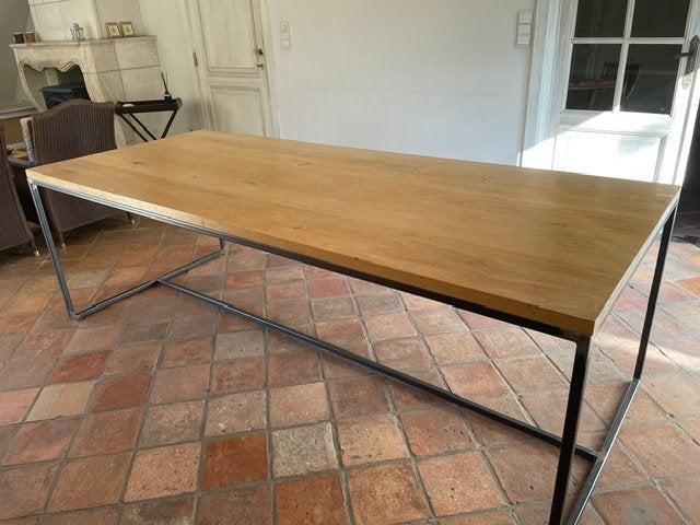grote eettafel eik met metalen onderstel, Huis en Inrichting, Ophalen, Zo goed als nieuw, Metaal