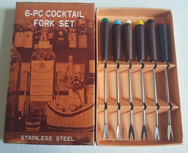 Vintage cocktail vorkjes set in origineel doosje, Antiquités & Art, Curiosités & Brocante, Enlèvement ou Envoi