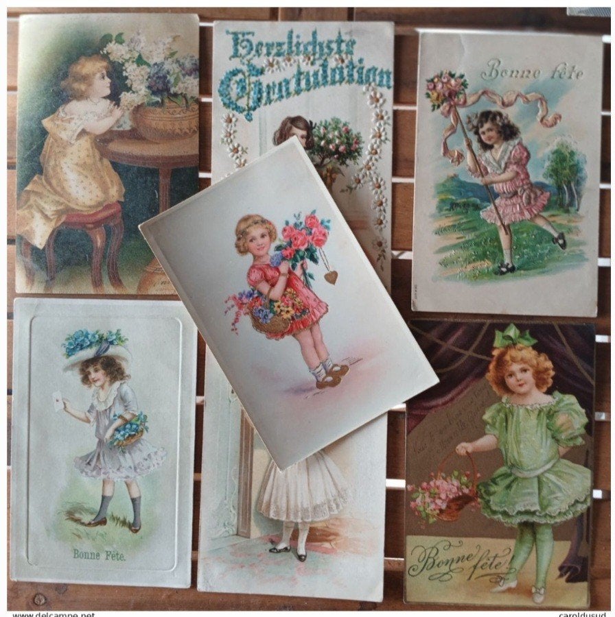lot 7x cpa litho illustrateur fillette elegante et fleurs, Enlèvement ou Envoi