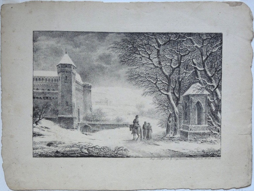 Ferdinand Henri J. Mortelèque litho "Winterlandschap", 1816, Antiquités & Art, Édition limitée, Enlèvement, Paysages, Lithographie