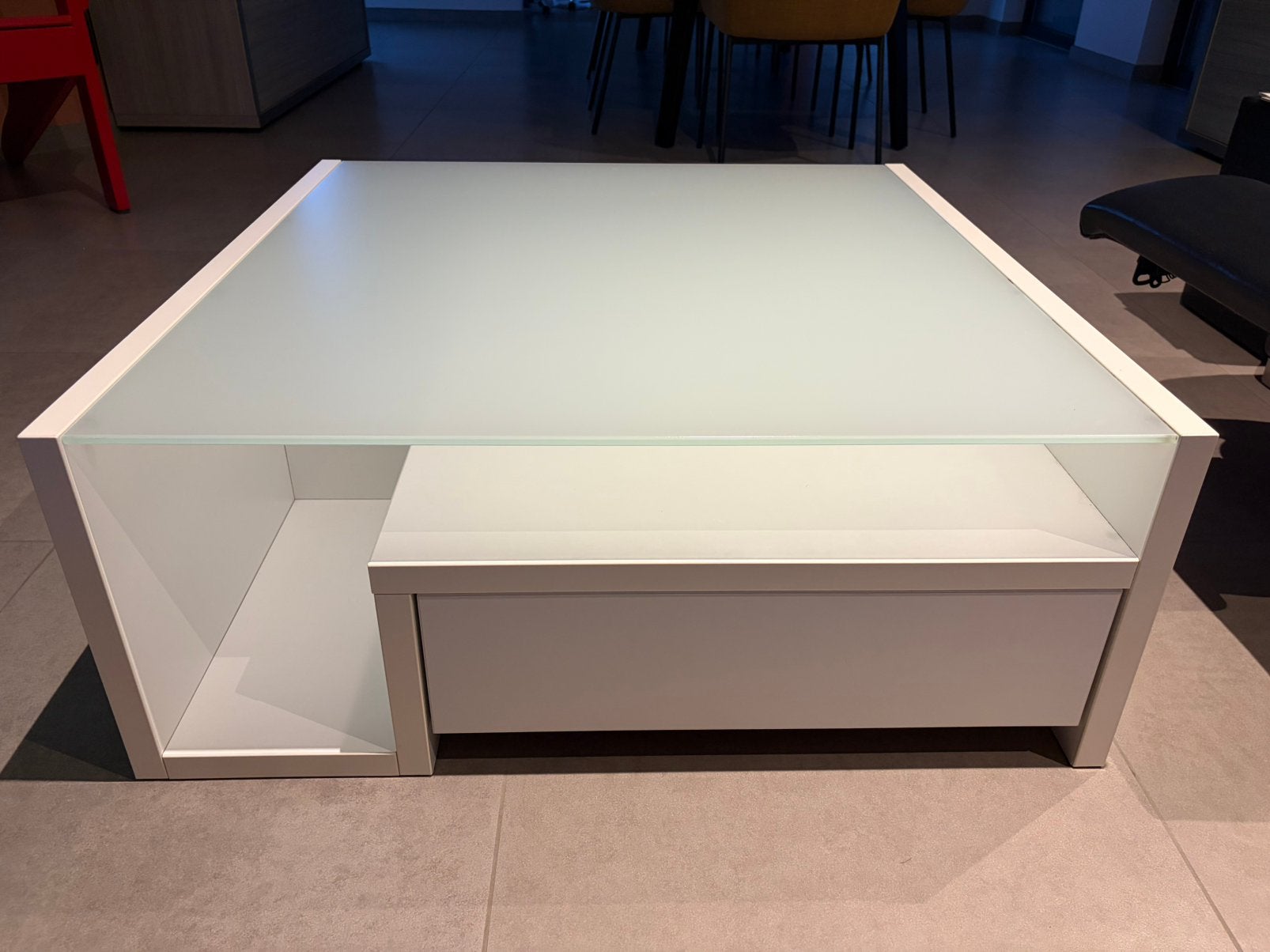 Witte salontafel met glazen blad (90 x 90 cm en 36 cm hoog), 50 à 100 cm, Carré, Enlèvement, Utilisé