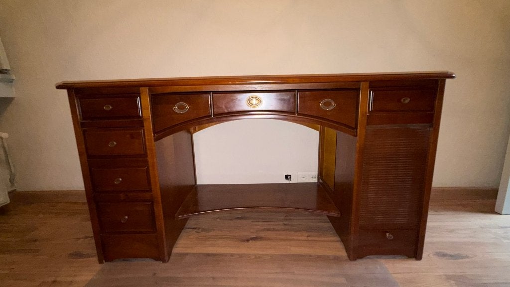 klassiek houten directiebureau, lederen blad Engelse stijl, Ophalen, Opbergruimte, Hout, Bruin