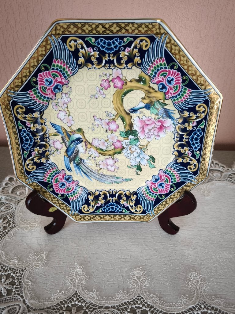 Vintage decoratief bord met paradijsvogels en bloemen, Antiek en Kunst, Ophalen