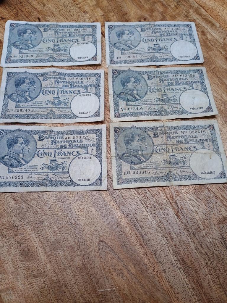 6 stuks 5 franken 1931 en 1938, Postzegels en Munten, Verzenden