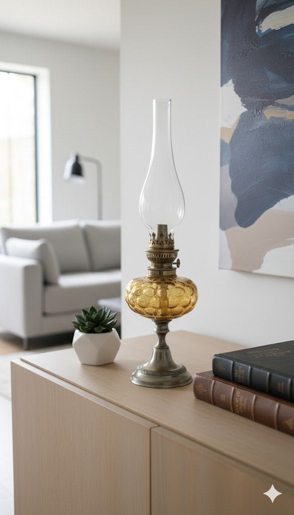 Lampe à pétrole décorative en verre ambré/étain/laiton, Enlèvement ou Envoi