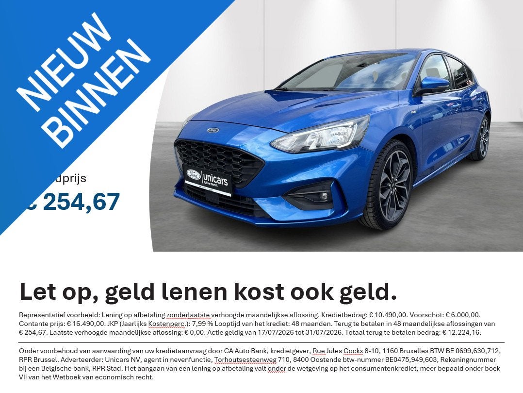 Ford Focus 1.0i EcoBoost 92kW Aut. ST-Line AUTOMAAT / NIEUWE, Auto's, Automatische klimaatregeling, Stof, Gebruikt, Blauw