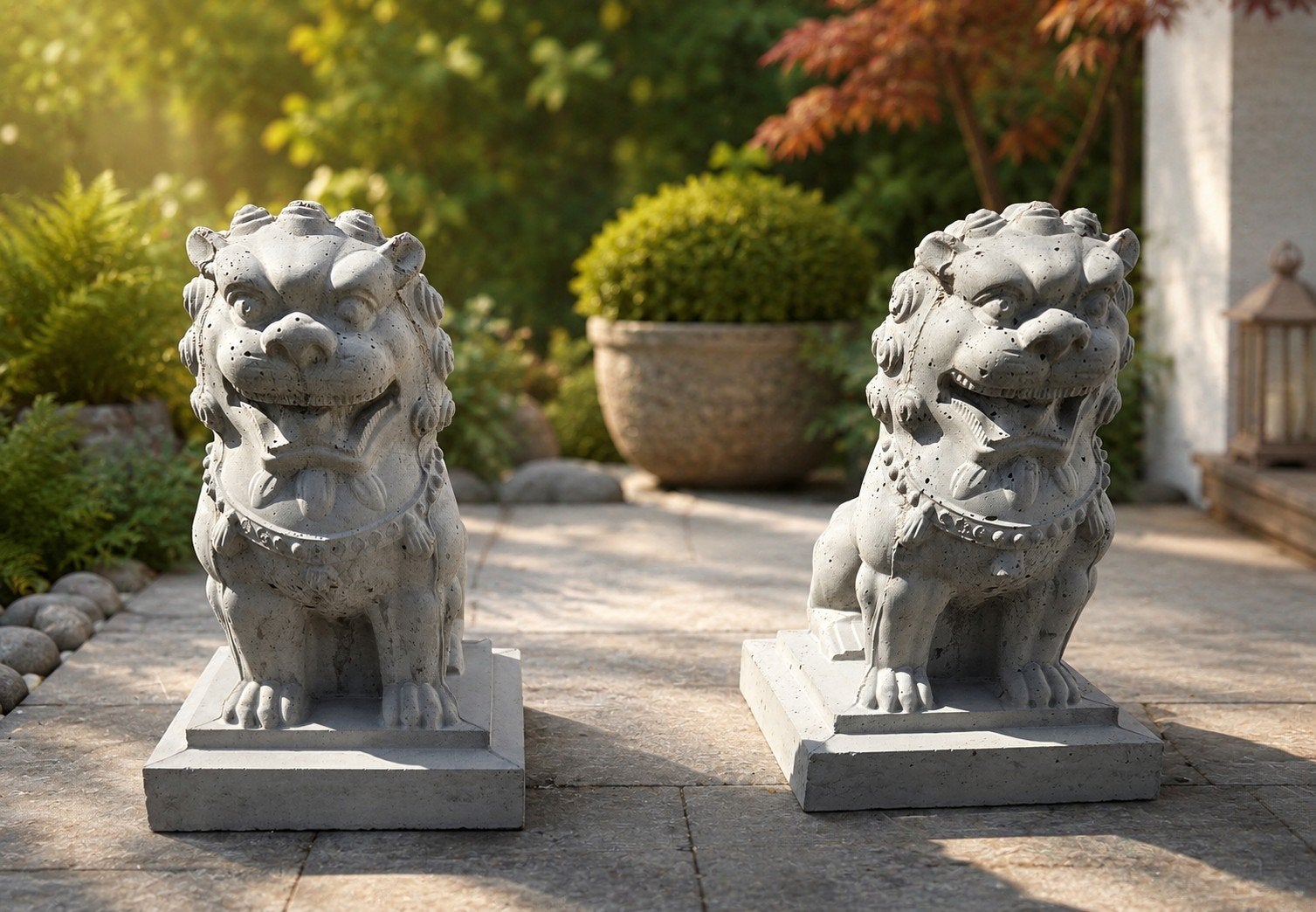 Handgegoten Beton Foo Dogs / Tempelleuwen Set (28 cm - 18 kg, Tuin en Terras, Ophalen, Nieuw, Overige typen