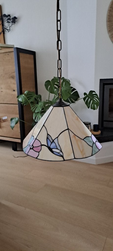 Vintage hanglamp tiffany stijl, Keramiek, Zo goed als nieuw, Tiffany, E27 (groot)