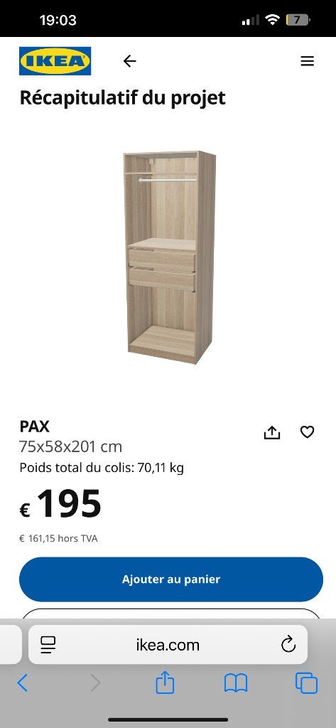 Armoir Pax IKEA beige 75x50 cm, Maison & Meubles, Armoires | Penderies & Garde-robes, 25 à 50 cm, Enlèvement, Utilisé, Avec tiroir(s)