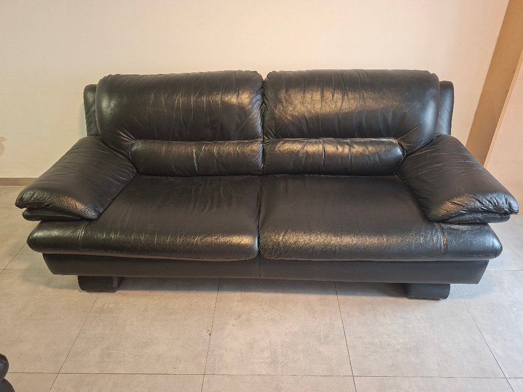 Zwarte leren lounge 3+2, Ophalen, Gebruikt, Rechte bank, Leer