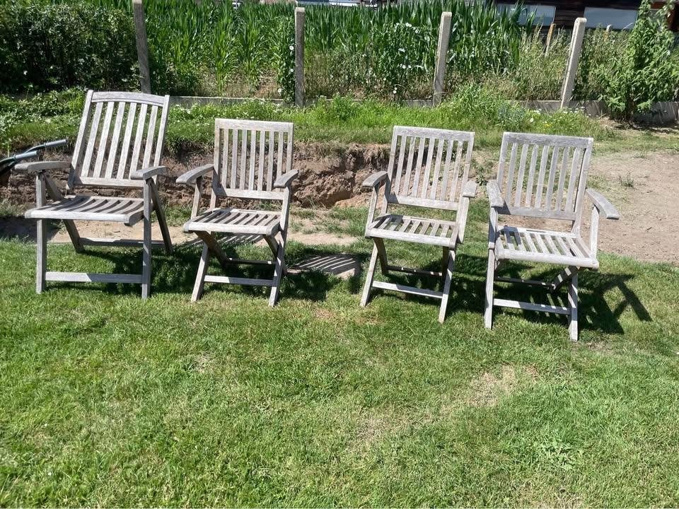 4 teak stoelen, Tuin en Terras, Ophalen, Gebruikt, Inklapbaar