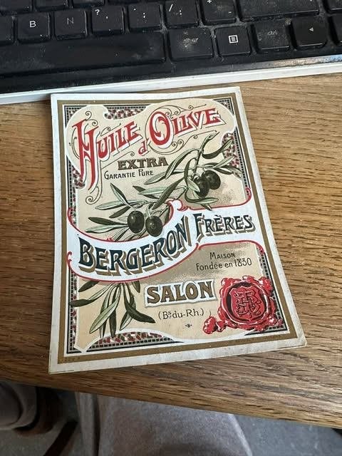 etiket label huile d'olive Bergeron frères Salon, Ophalen of Verzenden, Overige typen