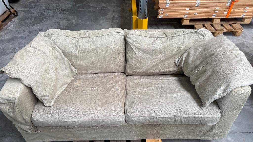 2 comfortabele stoffen zetels + poef – beige/greige – linnen, Ophalen of Verzenden, Gebruikt, De zetels hebben een tijdloze en gezellige uitstraling