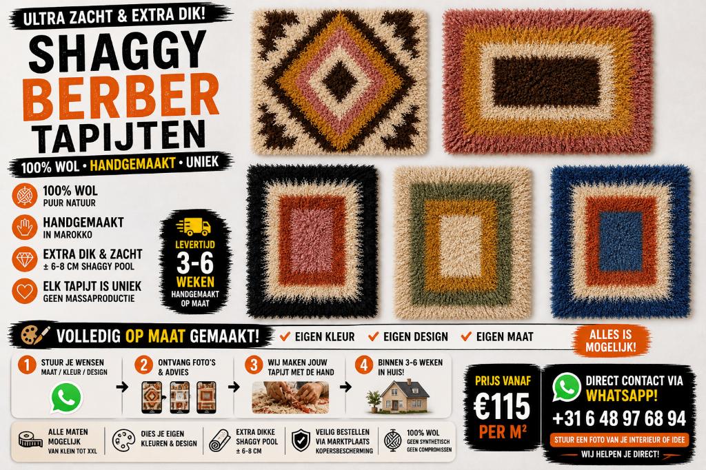 Shaggy handgemaakte wollen Berber tapijten – uniek & zacht, Huis en Inrichting, Stoffering | Tapijten en Vloerkleden, Crème, Ophalen of Verzenden