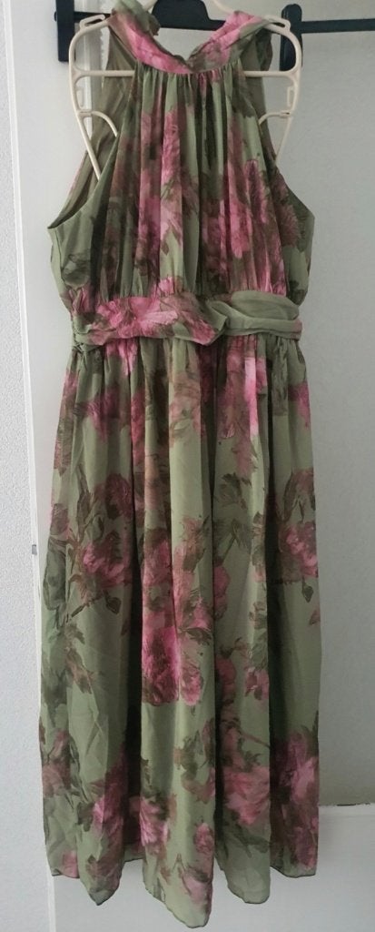 Prachtig maxi-jurk met bloemenprint olijfgroen/roze Maat: XL, Kleding | Dames, Verzenden, Nieuw, Maat 46/48 (XL) of groter, Meerkleurig