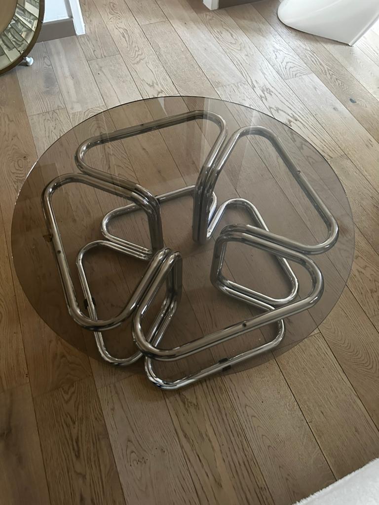 Table basse chrome et verre fumé Giotto Stoppino – années 70, Enlèvement