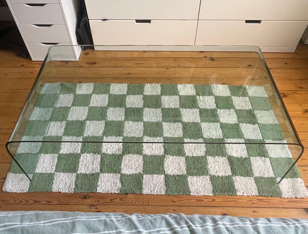 Design glazen salontafel, Ophalen, Gebruikt, 100 tot 150 cm, 50 tot 100 cm