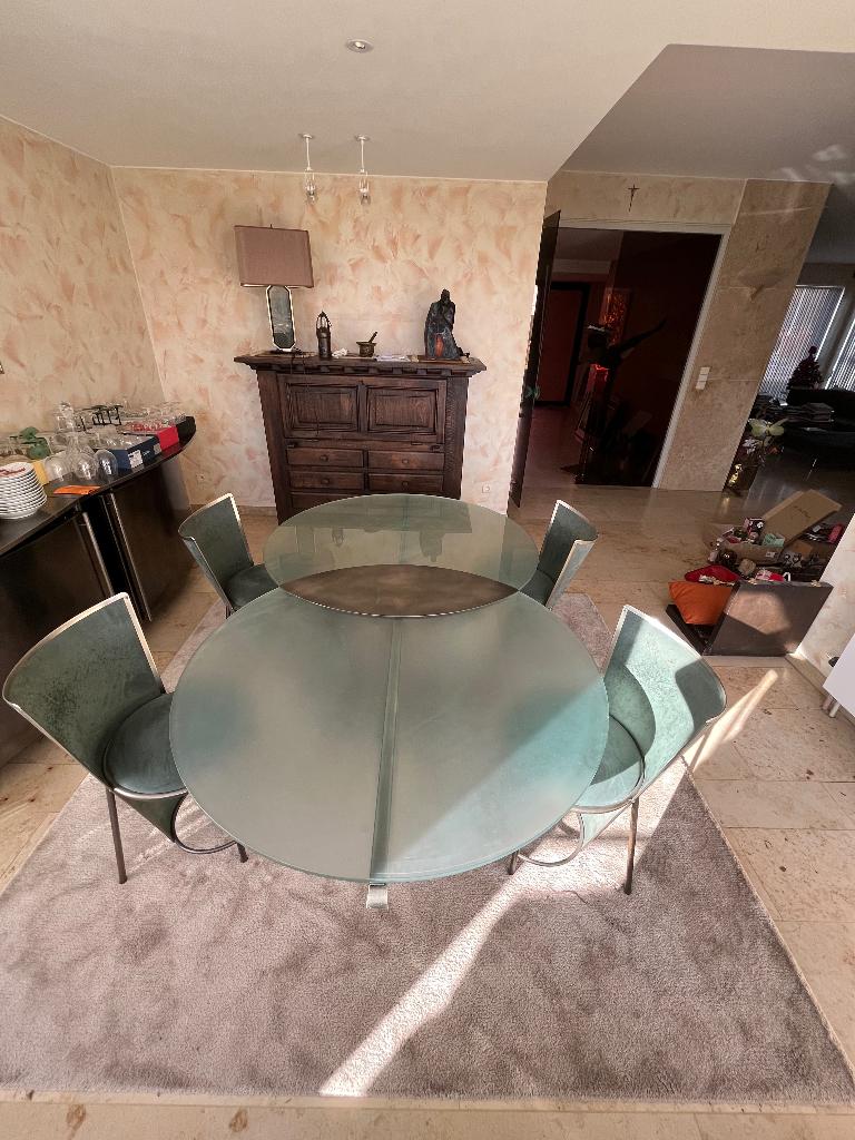 Glazen tafel + stoelen Belgochrom, Huis en Inrichting, Tafels | Eettafels, Ophalen, Gebruikt, Glas